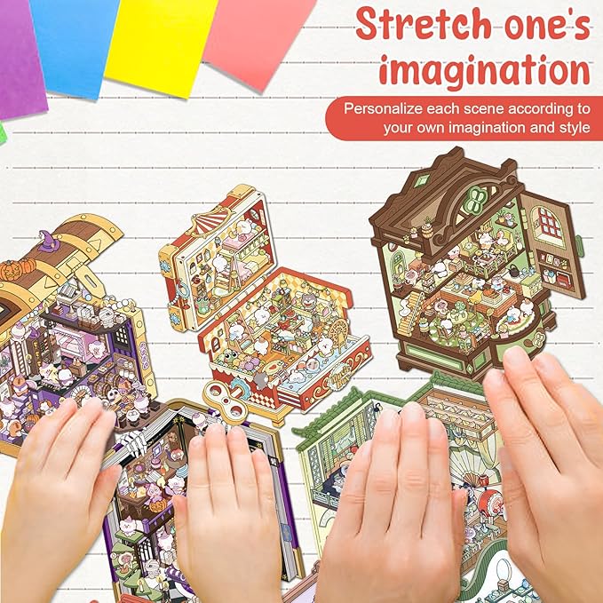 DIY 3D House Sticker Set for Adults & Kids - Creative Miniature Room Scenes with Cartoon Decals, Cute Home Decor Stickers to Build Your Own 3D Model Scenes (Set 4)