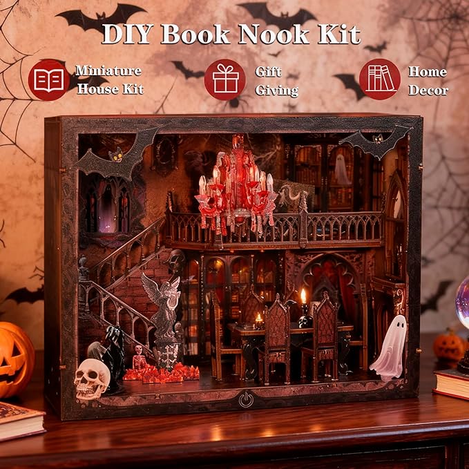 DIY Miniature House,LED Lighting Book Nook Kit Dollhouse Kit for Adult and Teens, Tiny House Bookshelf Decor 3D Wooden Puzzle with Duty Cover, Gifts for Family, Friends,Christmas(Dark Cabin)