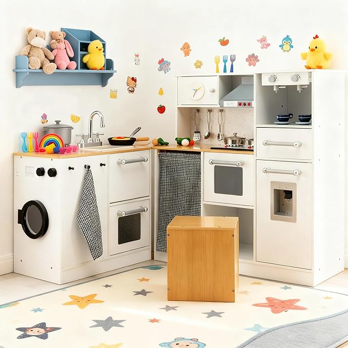 Costzon 2-Piece Corner Play Kitchen, Wooden Play Kitchen w/Washing Machine, Realistic Light & Sound, Coffee Maker, Stove & Accessories, Little Chef Pretend Toy Kitchen for Boys & Girls