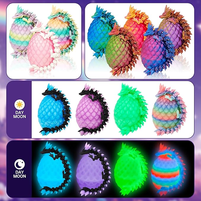12PCS 3D Printed Dragon Eggs with Dragon Inside, Mini Dinosaur Eggs Articulated Crystal Animal Fidget Toy for Party Decor, Brithday Gift, Halloween