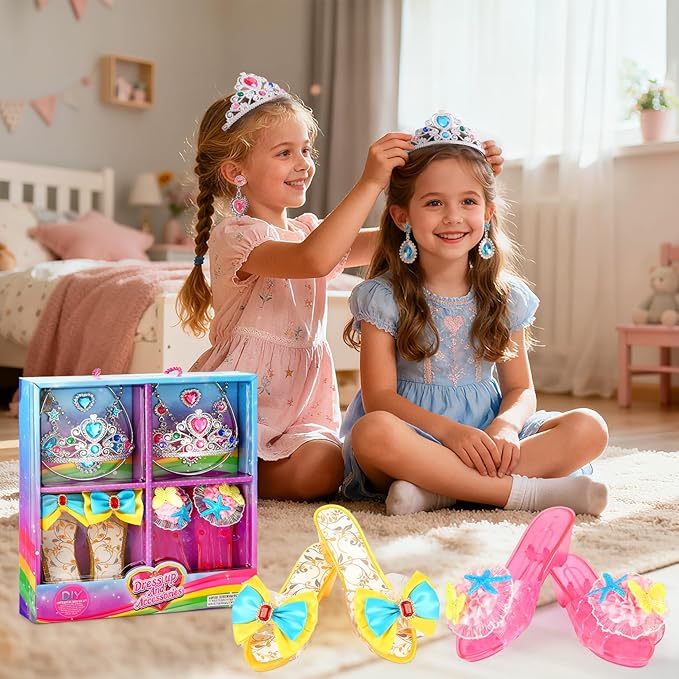 Princess Dress Up Shoes Set Girls Role Play Shoes Toddler Pretend Jewelry Toys Set Gift Set 2 Pairs of Shoes Kit Collection of Tiara Crown Earrings Necklace Rings for Girls Aged 3-6 Years Old