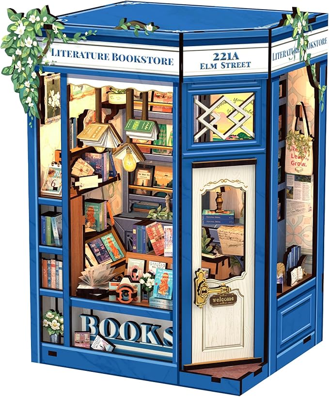 Cutefun Book Nook Kit - DIY Miniature Dollhouse Kit for Adults and Teens, Mini House Building Kit Library with LED Bookshelf Insert Decor Creative Gifts (Literature Bookstore)