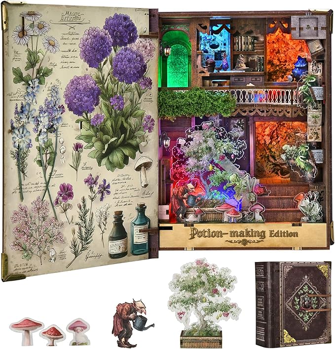Book Nook Kit - DIY Magic Book Miniature Dollhouse Booknook Bookshelf Decor 3D Wooden Puzzle, Gifts for Family, Friends (Potion-Making Edition)
