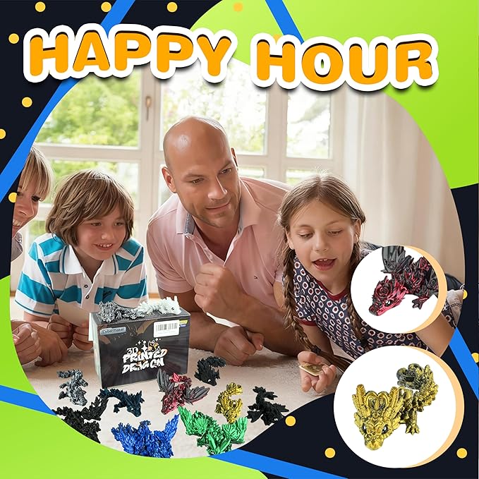 12PCS 3D Printed Dragon Set – Black Series Articulated Crystal Dragons, Cool Fidget Toys & Desk Decor, Unique 3D Printed Animals, Vibrant Gift for Teens, Adults, Party Favors