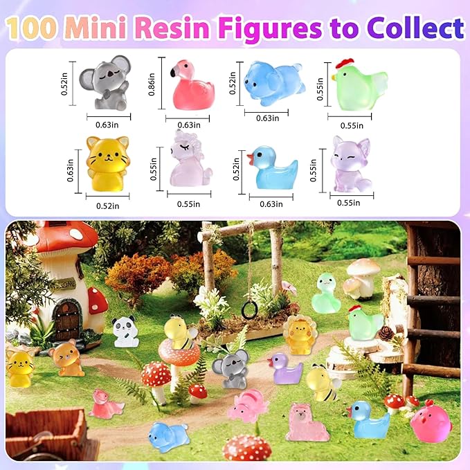 100 Pcs Blind Bags Mystery Resin Animals: Mini Glow In The Dark Resin Animals Mystery Bags For Resin Craft Fairy Garden Dollhouse Décor Collectible Mini Resin Figures Christmas Gift