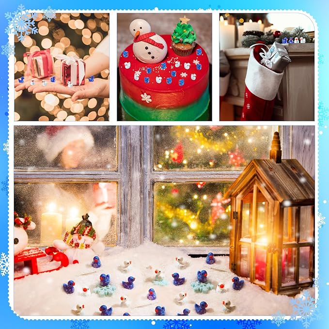 80 Pcs Mini Ducks Snowflake, Tiny Resin Ducks Figures Bulk, Cute Miniature Figurines for Winter Christmas Accessories Miniature Landscape Fairy Garden Dollhouse Party Favors Decor (6 Styles)