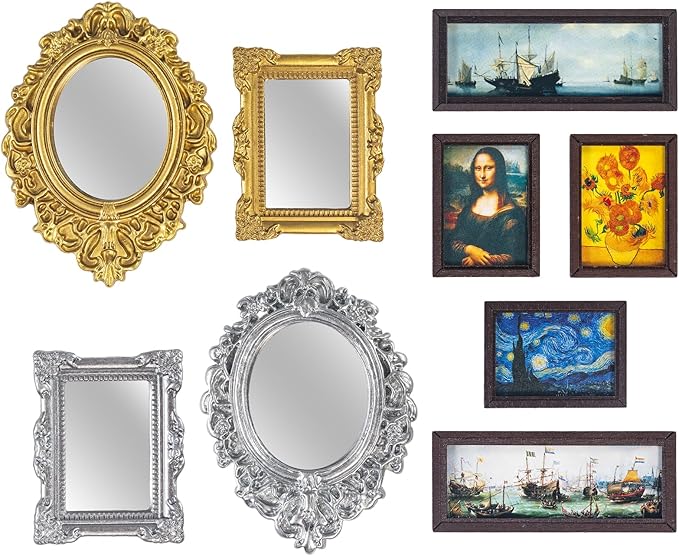 SAMCAMI Miniature Dollhouse Accessories, Mini Mirror and Mini Wall Art, 1/12 Scale Doll House Accessories and Furniture, Dollhouse Miniatures, 9 Pieces (Mini Mirror and Mini Wall Art)