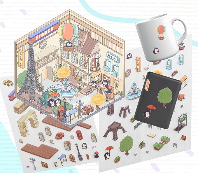 DIY 3D House Scene Stickers, 4 Set Cartoon Cute Penguin in Paris Venice Egypt Italy Relaxing Stickers, Fun Miniature Room Stickers for Adults, Kids, Relief Stress, Pass The Time