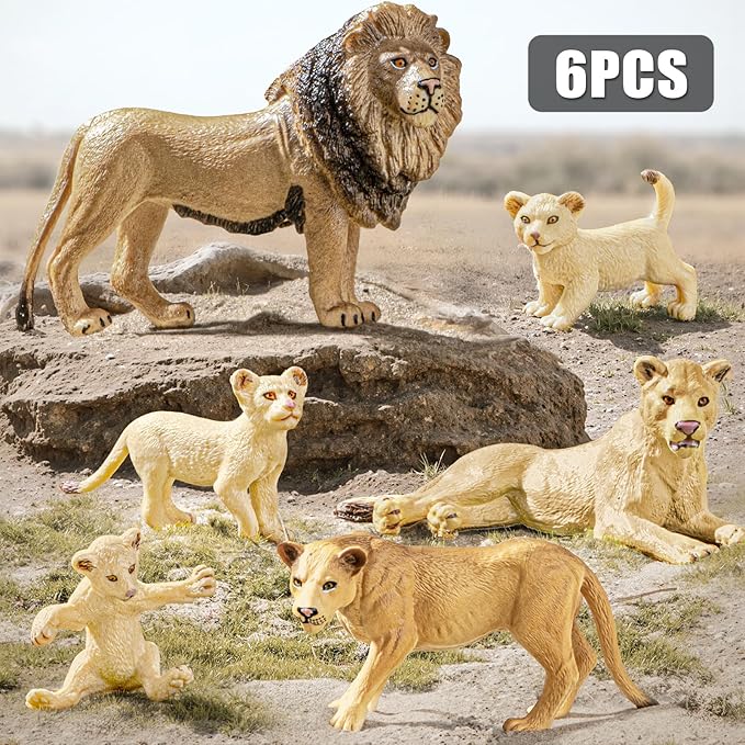 6PCS Lion Toys Figurines Pride, African Jungle Animals Lion Family, Realistic Zoo Animal Toys, Preschool Toy Birthday Gift Cake Toppers for Kids Boys Girls