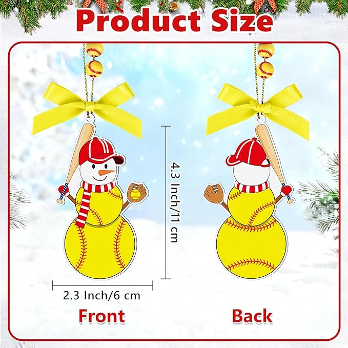 4.3 Inches Snowman Softball Christmas Ornament, Wooden Softball Snowman Tree Ornament Hanging Decoration for Rearview Mirror, Window, Eaves, Fireplace and Home Holiday Party Decor