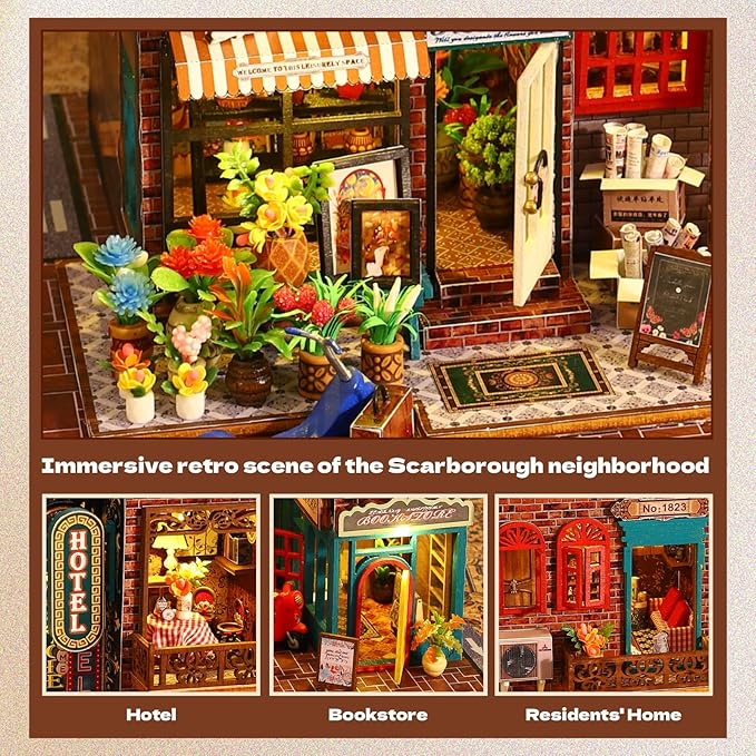 DIY Miniature House Kit, Tiny 3D Wooden Street Scene, Mini Dollhouse Bookshelf Decor Kit with Dustproof Cover & Music Movement, Creative House Craft for Adults, Gift for Family and Friends