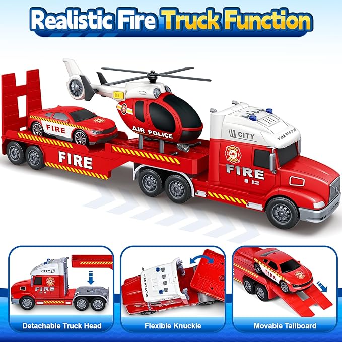 Kids Toys for 3 4 5 6 7 8 Years Old Boys, 27" Fire Truck Toy with Racing Car and Helicopter, Toddler Friction Powered Truck Vehicle Toy with Lights, Sounds for Boys Girls Christmas Birthday Gifts