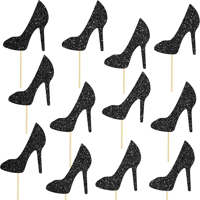 High Heel Centerpiece Sticks Lady Birthday Wedding Table Decorations 12PCS Glitter Black High Heels Table Toppers Makeup Night Table Centerpieces for Women Bridal Shower Bachelorette Party Supplies