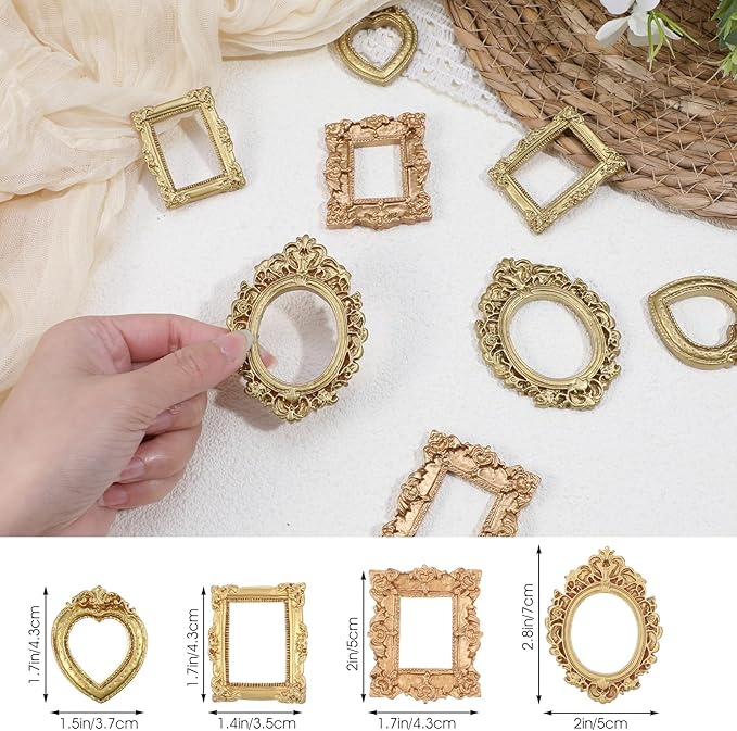 8 Pcs Miniature Dollhouse Mirror Set with Carved Golden Edges, European Style Victorian Baroque Wall Decor for 1/12 Scale Dollhouse Display, Mini Furniture Accessory Gold