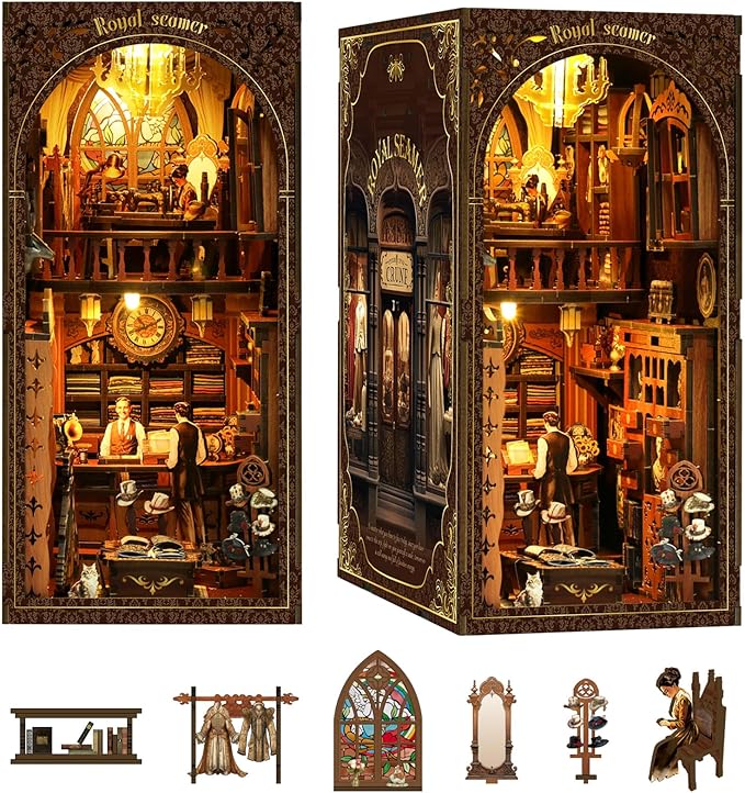 Book Nooks for Adults, DIY Miniature Dollhouse Book Nook Kit, Model Kits Craft Kits for Adults, 3D Wooden Puzzle Book Nook Craft Bookshelf Decor, Adult Craft Kits Gift with Led Light