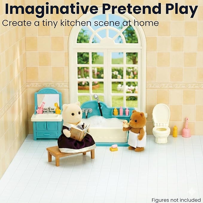 Family Dollhouse Bathroom Set — Bathtub with Hand Shower, Sink with Mirror & Toilet, Soap, Toothbrush & Toilet Paper Roll — Dollhouse Furniture & Accessories for Ages 3+