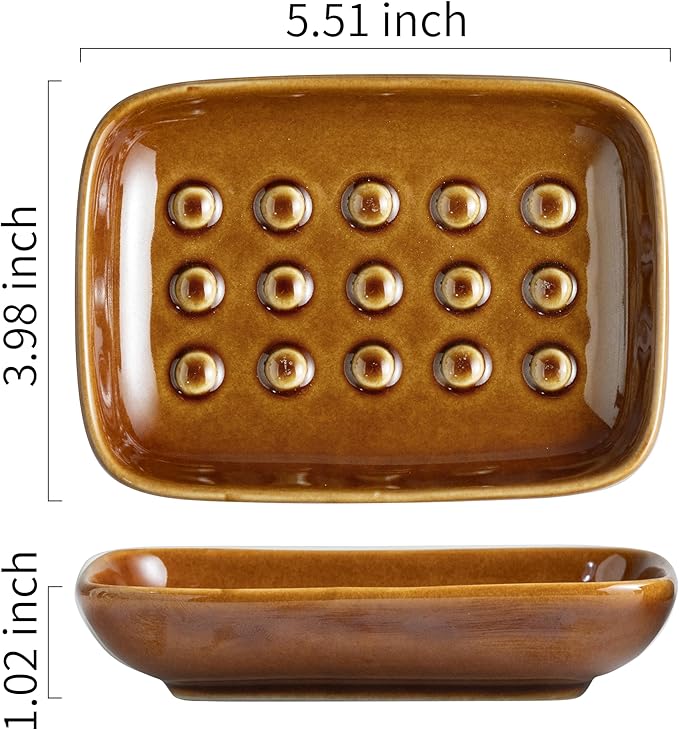 Soap Dish for Shower, Ceramic Soap Dish for Bar Soap Sponge, Soap Holder Saver Tray for Bath Kitchen Sink Bathtub, Farmhouse Decor, Raised Pattern - Keep Soap Dry, Dark Brown