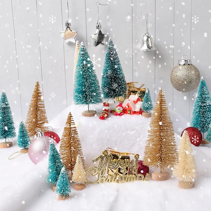 30Pcs Mini Christmas Trees, Artificial Christmas Tree Bottle Brush Trees Christmas with 5 Sizes, Sisal Snow Trees with Wooden Base for Christmas Decor Christmas Party Home Table Craft