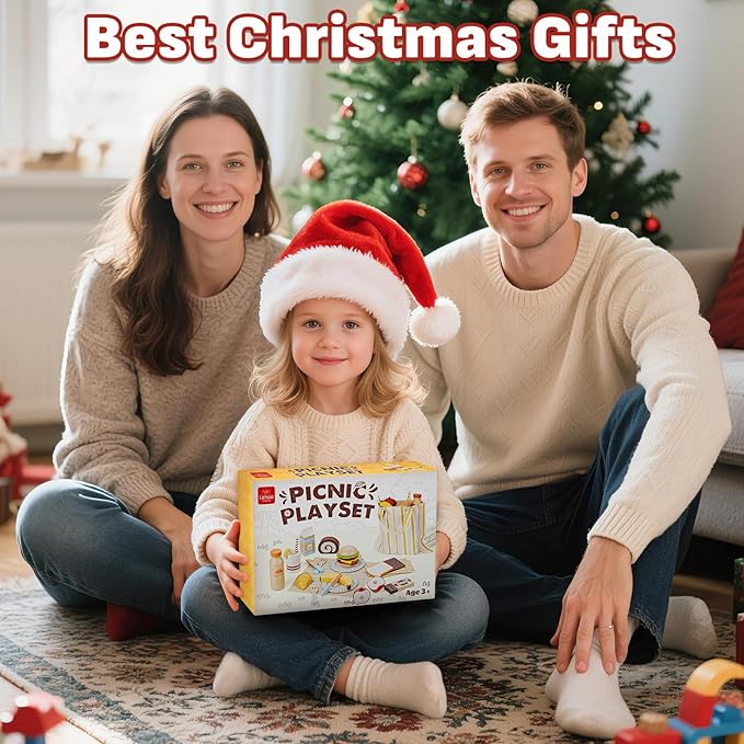 Lehoo Castle Play Food Sets for Kids Kitchen, Wooden Toys Food for Toddlers 3+, Pretend Picnic Play Set, Cutting Food Toys, Gift for Girls Boys 3 4 5 6