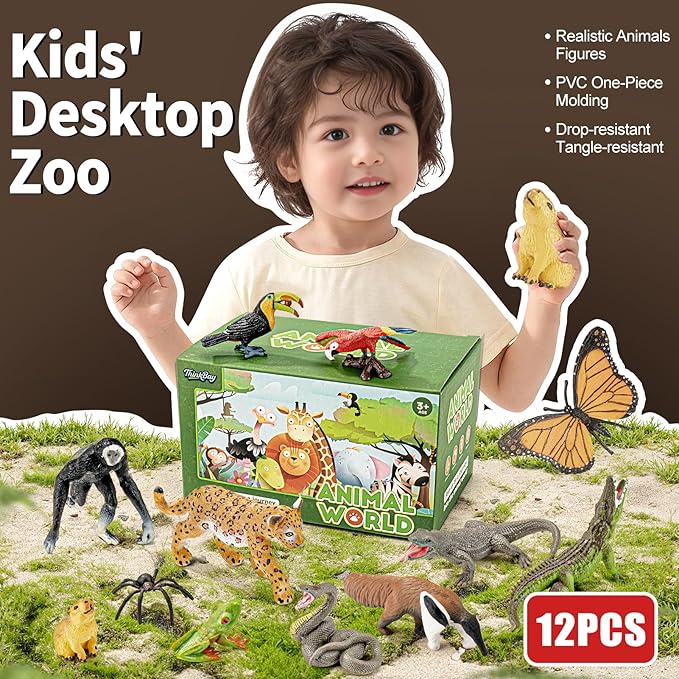 12PCS Realistic Rainforest Animal Figurines Toys, Rainforest Diorama Supplies Party Favor, Jungle Animals Figures Toys Learning Toys for Toddlers Kids Boys Girls, Toddler Playset