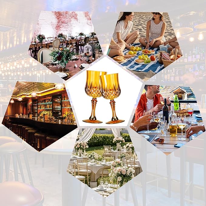 XKXKKE 100 Pcs Amber Plastic Wine Glasses, Plastic Water Goblets for Parties, Stemmed Drinking Glasses for Wedding Reception, Grand Event Party Bar Supplies Reusable Drinking Cups