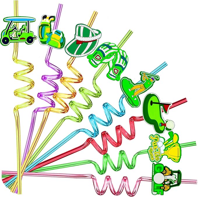 MEAXUR 24pcs Golf Themed twisty Reusable Straws for Golf Party Favor Gift Bags,Daily Drinking Straws,Birthday Party,Class Reunions,Sports Golf Party supplies,With 2 Cleaning Brushes.(8color)