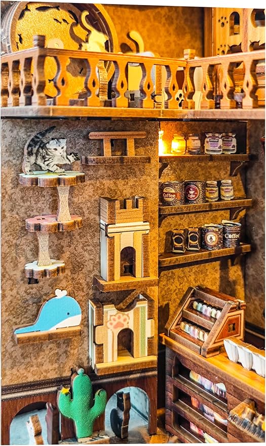 Book Nook Kit-DIY Dollhouse Kit Wooden Miniature Studio with Dust Cover Bookshelf Decor 3D Puzzle Book Nooks for Adults to Build Gift (Caramel Dreams)