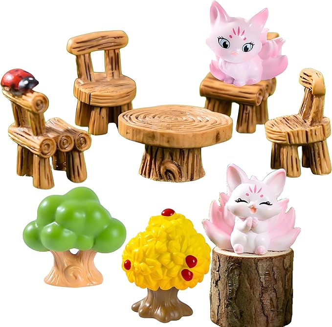 7 Pcs Miniature Fox Figurines with Realistic Tree Round Table and Chairs - Forest Theme Resin Fairy Garden Furniture Set for Dollhouse Accessories, Micro Landscapes, DIY Crafts & Home Decorations
