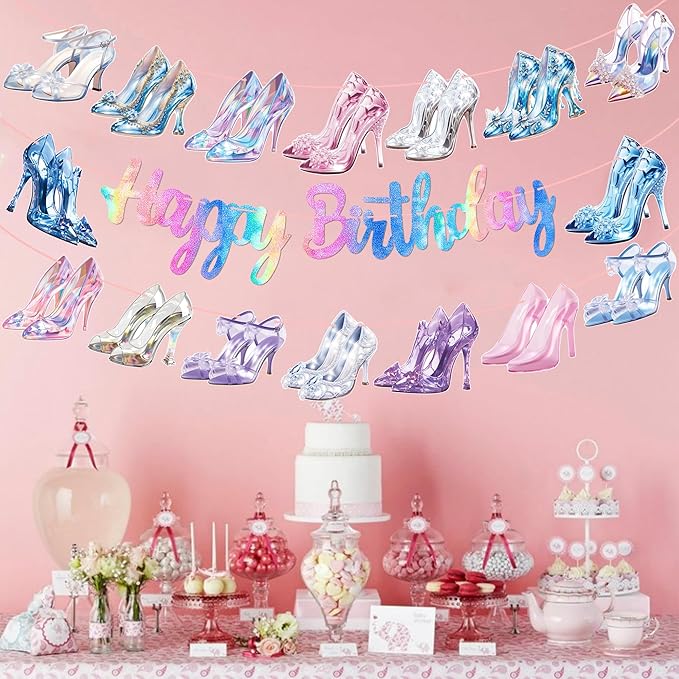 Crystal High Heel Birthday Banners Glass High Heels Birthday Party Supplies 3Pcs Diamond Shoes Banners Girls Princess Party Decor for Fashion Shoes Engagement Wedding Decoration