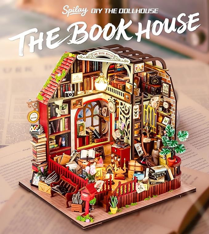 Spilay DIY Miniature Dollhouse Wooden Furniture Kit,Mini Handmade Mini Model with Dust Cover & Music Box,1:24 Scale Creative Woodcrafts for Adult Friend Lover Birthday Gift-Book House