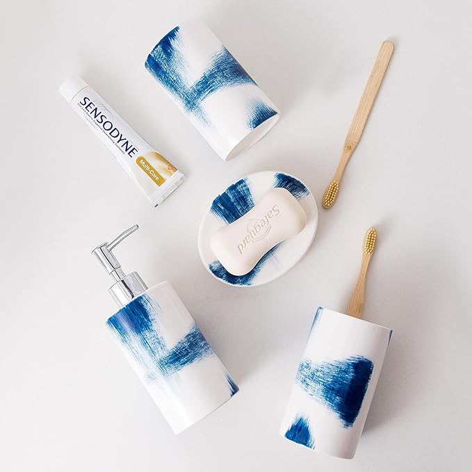 4 Piece Painted Ceramic Bathroom Accessory Set, Includes Soap Dispenser Pump, Toothbrush Holder, Tumbler, Soap Dish Sanitary, Ideas Home Gift for Ware Home Decor Bath(Blue & White)