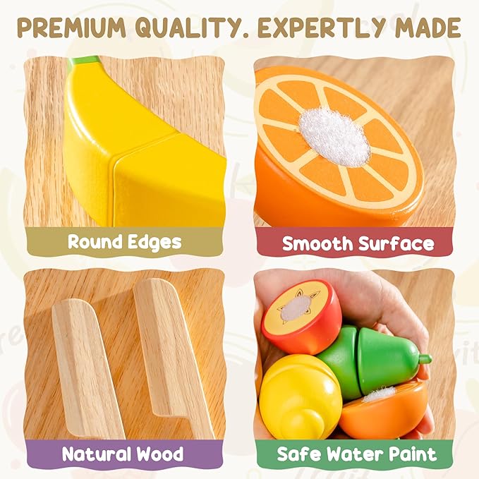 ROBOTIME Play Food Toys for Kids, Pretend Wooden Toy Food with Cutting Fruit Toys, Knife, Plate, Napkin and Fruit Sorting Storage Box, Play Kitchen Accessories, Color & Fruit Recognition for Kids 3+