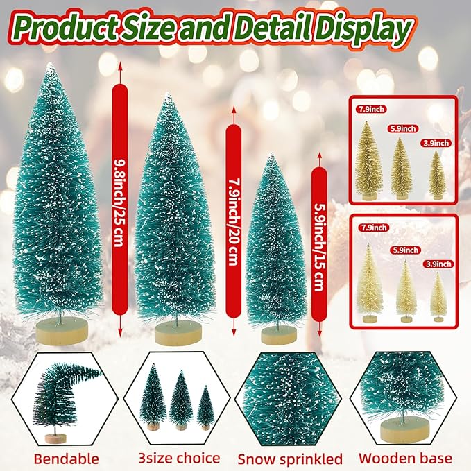 Yahpetes Christmas Trees 9 Pcs Artificial Bottle Brush Tabletop Trees Christmas Table Decorations for Xmas Holiday Party Decor (Blue-Green,Gold,Beige 9Pcs)