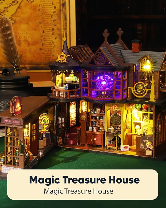 DIY Miniature House Kit, DIY Dollhouse Kit for Adults to Build, Mini House Kit with LED, Mayberry Street Miniatures, Ideal Gifts for Birthday, Halloween Christmas(Magic Treasure House)