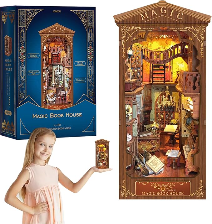 DIY Book Nook Kit 3D Puzzle Wooden Bookends Dollhouse Decorative Bookend Toy for Teenagers Stand Kit Model Kits for Adults to Build 3D Creativity Kit with LED Light