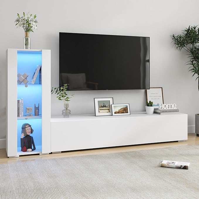 Pvillez 39" LED Display Cabinet with 3 Glass Shelves & 1 Door, Modern Wall-Mounted Curio Cabinet Display Case Storage Cabinet, High Gloss Floor Standing Bookshelf for Living Room Bedroom (White)