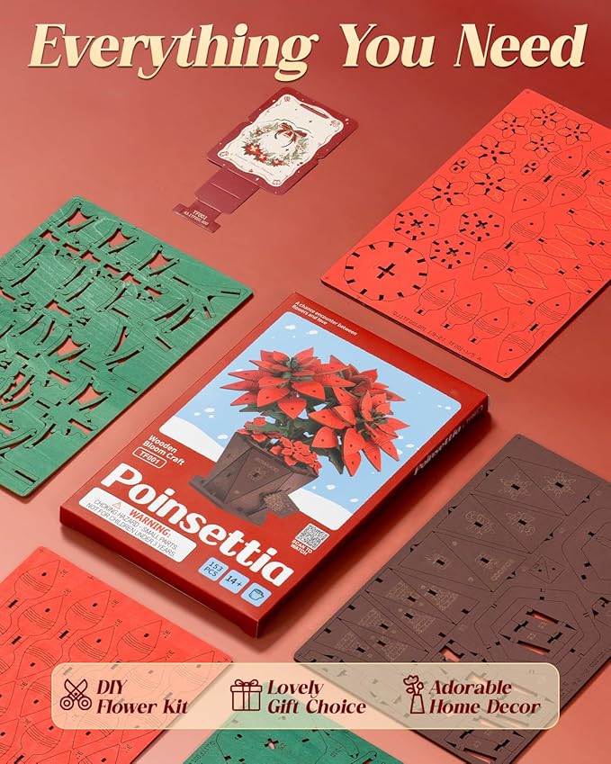 Wowood 3D Flower Wooden Puzzles for Adults-Poinsettia, DIY Wooden Flowers Model Kit Building Set Crafts for Adults to Build, Botanical Collection/Ideal Creative Gift Ideas/Housewarming (153PCS)