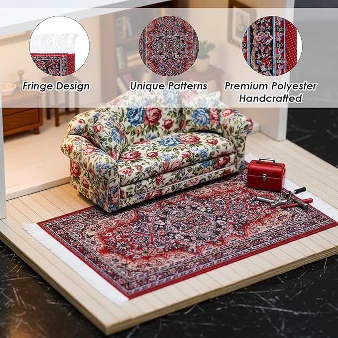 Dollhouse Rugs 3 Pcs Miniature Accessories, 1/12 Vintage Woven Dollhouse Rug, Mini Carpet for Dollhouses Furniture, Mini Floral Print Carpet for Doll House Floor Decor(Blue, Yellow, Red)
