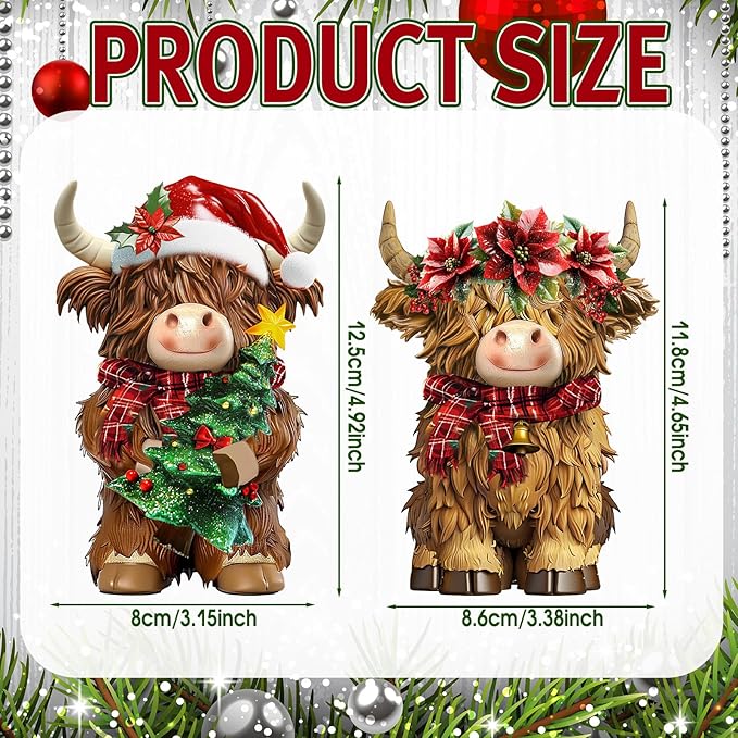 Burbell 2 Pack Christmas Highland Cow Decor Resin Highland Cow Figurine Christmas Cows Gnomes with Santa's Hat Scarf Resin Statue for Garden Table Shelf Home Decor Calf Gnome Herd Gifts