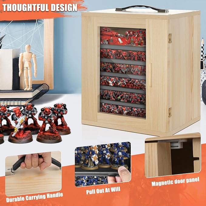 Miniature Storage Case for Collectibles, Miniature Display Cases with Magnetic Door and 6 Trays, Clear View Miniatures Transport Case (Wooden)
