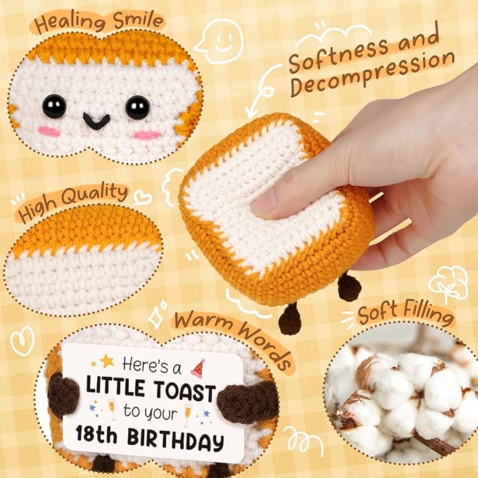 Glydein A Little Toast to Your 18th Birthday - Mini Handmade Crochet Toast Gifts for 18 Year Old Girl Boy, Funny 18th Birthday Gifts for Girls Boys Daughter Son Sister Friend, Adult Handmade Crochet
