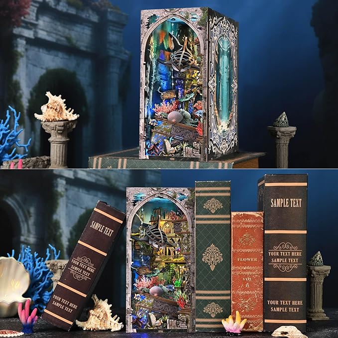 Book Nook Kit - DIY Miniature Dollhouse Kit for Adults and Teens, 3D Wooden Puzzle Bookend with LED Light, Creative Bookshelf Decor Gifts for Family and Friends (Lost City of Atlantis)
