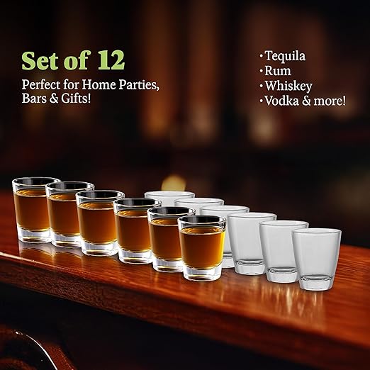 QUAFFER Mini Shot Glass (Set of 12) – Elegant Classic Shot Glasses 1 oz – Classic Whisky Vodka Tequila Sherry Brandy Cordial Mini Snifters Glasses - Perfect for Parties, Bars, Events, Home Bar