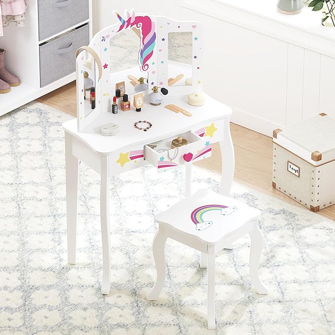 Spirich Kids Vanity, Girls Vanity Set with Mirror and Stool and Lights, Kids Vanity Table and Chair Set, Wooden Princess Makeup Desk Dressing Table
