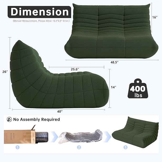 Bean Bag Chairs for Adults, Memory Foam Couch Loveseat Sofa Chair, Soft Teddy Material Cozy Comfy Reading Nook Chairs, Floor Chair for Living Room Bedroom Office