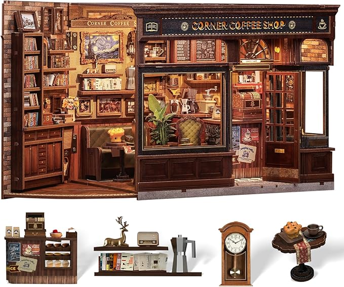 Cutefun Book Nook Kit - DIY Miniature Coffee Shop Booknook Kits for Adults and Teens, 3D Wooden Puzzle Bookend Bookshelf with LED Light, Gifts for Family and Friends (Corner Coffee Shop)
