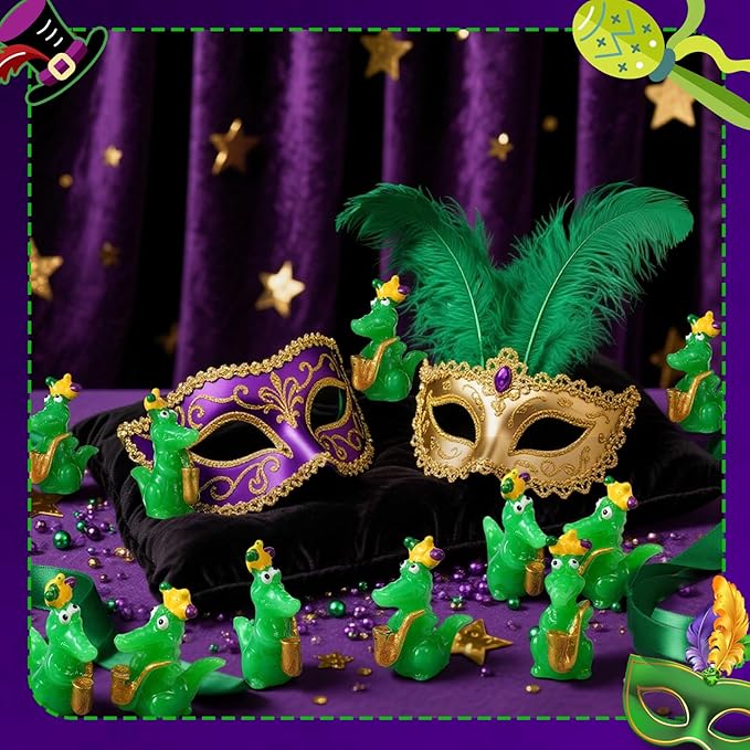50 Packs Small Mardi Gras Alligators for Parade Mardi Gras Themed Figurines -Resin Tiny Alligators with Clown Crown Carnival Parade Supplies for Novelty Gifts Party Favor Handout Toys