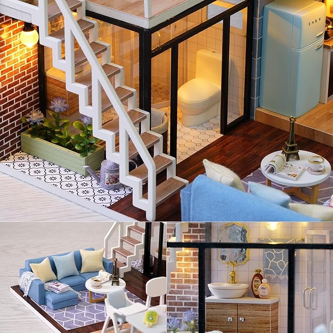 TuKIIE DIY Miniature Dollhouse Kit with Furniture, 1:24 Scale Creative Room Mini Wooden Christmas Doll House Accessories Plus Dust Proof & Music Movement for Kids Teens Adults(Blue Times)