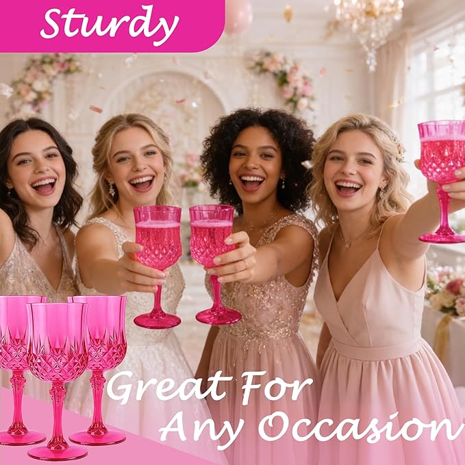 LEYIQU Plastic Wine Glasses, Plastic Goblets Vintage Style Cordial Drinking Glasses for Valentine’s Day, Wedding Reception, Grand Event Party Supplies (12, Hot Pink)