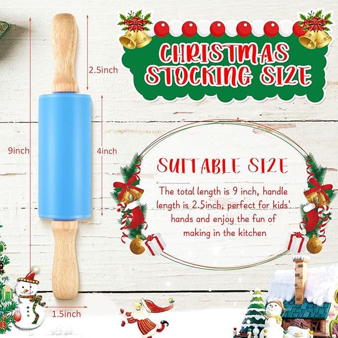 10 Pcs Small Rolling Pin Kids 9 Inch Mini Rolling Pin Silicone Wooden Cooking Pins Baking 5 Colors Non Stick Kids with Wooden Handle for Christmas Kitchen Dough Cookie Pastry Fondant Cake